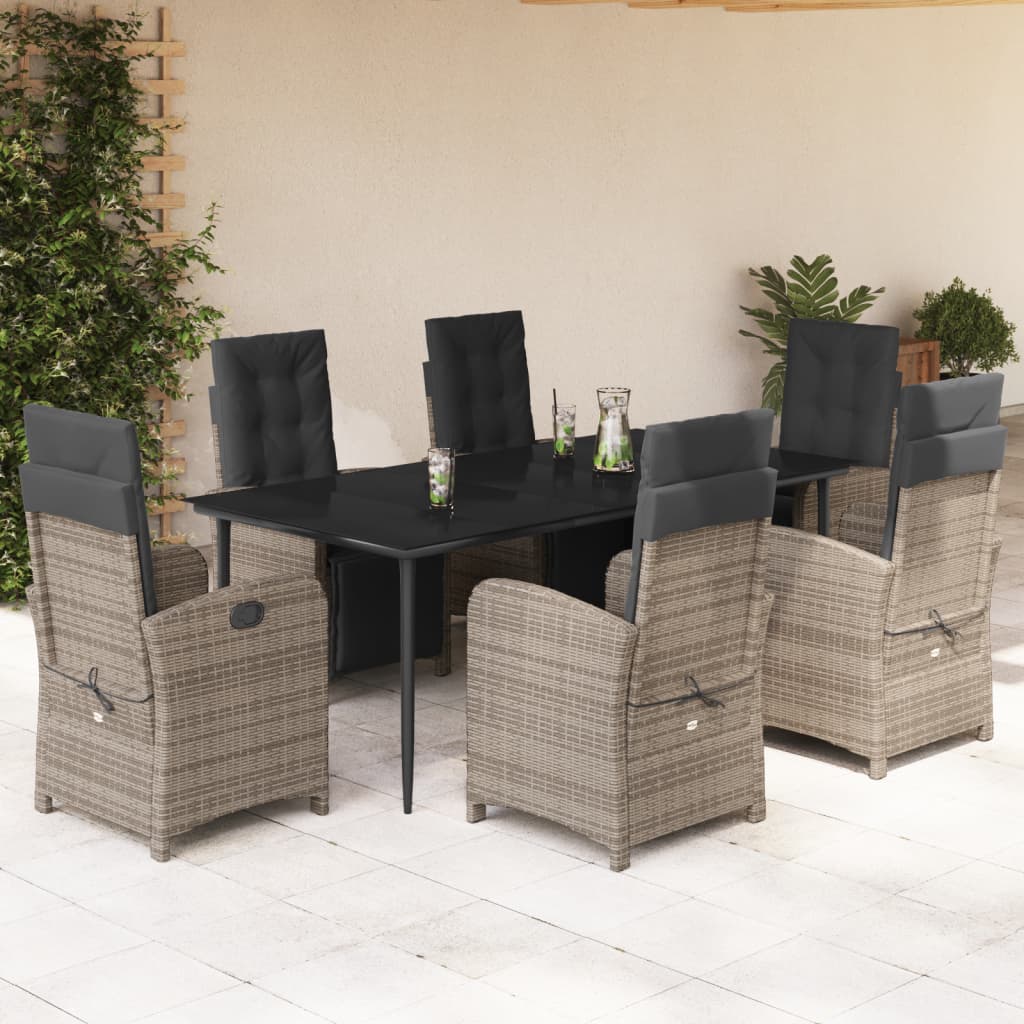 7-tlg. Garten-Essgruppe mit Kissen Grau Poly Rattan